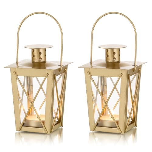 NUPTIO Lanternes À Réchaud Bougies - 2 Pièces Petites Bougies À Réchaud en Métal Doré Mini Lanternes de Jardin Ornements Suspendus L'extérieur Décorations Mariage Cadeau Noël Centre Table
