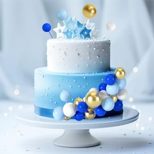 BOUBONI 48 Pièces Boules de Décoration de Gâteau Décorations de Cupcake en Ballon Boules de Gâteau pour Fête d'anniversaire Décoration de Gâteau (Bleu Roi, Bleu Clair, Blanc, Or)