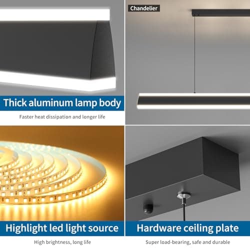 Mikeru 120cm Luminaire de l'Îlot de Cuisine, Luminaire Suspendu LED Moderne Noir Dimmable de 10% à 100% Température de Couleur 3000K/4500K/6000K Lustre Réglable en Hauteur pour Salle à Manger