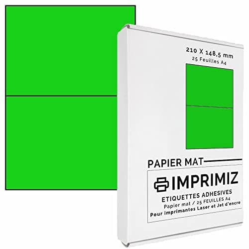 50 étiquettes autocollantes Vert fluo de 148,5 X 210 mm - 2 étiquettes/feuille - 25 planches papier A4 adhésif couleur - pour impression Laser et Jet d'encre