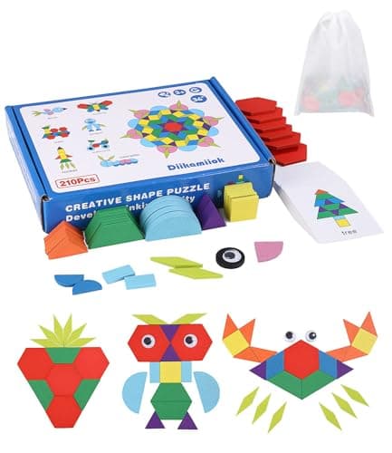 Puzzle en Bois-Tangram 210PCS,Jouets éducatifs Classiques-Jouets Montessori,Bois Scie Sauteuse Éducatif Géométrique Jeu,30 Pcs Cartes de Conception et Sac de Rangement pour Enfants