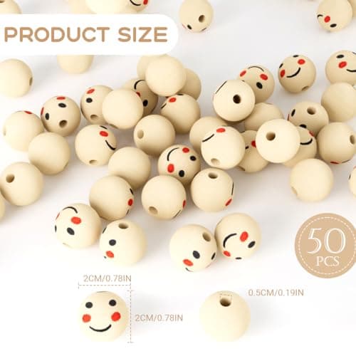 SUTOUG Lot de 50 perles rondes en bois avec tête de poupée souriante de 20 mm avec trou de 5 mm pour bricolage, bracelet, macramé, collier, bijoux, poupée