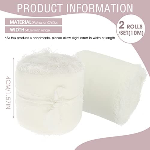 cobee Lot de 2 rouleaux de rubans en mousseline de soie faits à la main avec franges effilochées Ruban bohème pour emballage cadeau, invitations de mariage, arrangement floral -Blanc -3,8 cm x 4,9 m