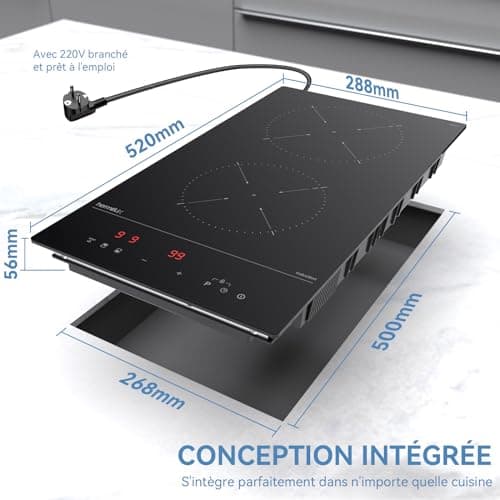 Hermitlux Domino plaque induction 2 feux encastrable, plaque induction Vitrocéramique noire avec 9 niveaux de puissance et fonction Boost, contrôle tactile & sécurité enfants, 30CM, 3500W