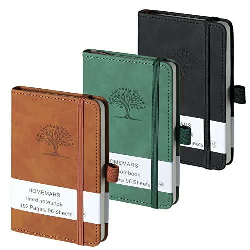 HOMEMARS Carnet de Notes, Petit Carnet, Petit Cahier, 3 Paquet, Cahier de Note, Carnet de Voyage, 14.4 cm x 9.6cm, Marron, Vert, Noir, 192 Pages Chacune, Motif d'arbre en Relief, Cuir végétalien