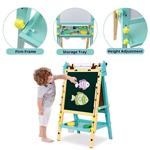 3 en 1 Tableau Enfant Double Face en Bois Avec Rouleau de Papier,Chevalet Magnétique à Hauteur Réglable,Plateau et Autres Accessoires pour Enfants de 2 à 8 Ans
