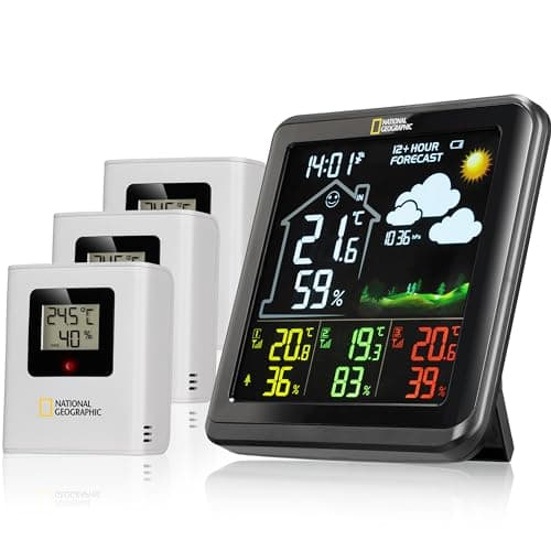 National Geographic Station Météo Couleur sans Fil avec Capteur Extérieur VA avec 4 Zones De Mesures pour Intérieur Ou Extérieur, Noir
