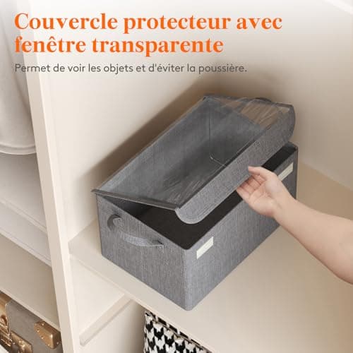 Lifewit Lot de 4 Boite Rangement en Oxford avec Couvercle Transparent, Rangement Dressing Armoire, Panier Rangement Pliable, Organisateur Placard, Vetement, Couverture, Livre, Jouet, Gris Clair, Petit