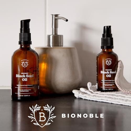 Bionoble Huile de Nigelle Bio Pure 50ml + Pipette et Pompe - Bouteille en Verre - 100% Naturelle, Pressée à Froid - Huile Nigelle Bio Visage Corps Cheveux - Huile de Cumin Noir Bio, Black Seed Oil