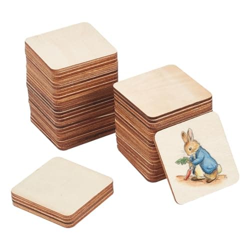 NBEADS 50 Pcs de Bois Non Fini, Carrés de 5x5 cm Tranches de Bois Naturel Vierges Sous-Verres en Bois Non Finis Rectangle Découpes en Bois Vierges pour la Gravure Sur Bois D'Art Gravure Sur Bois