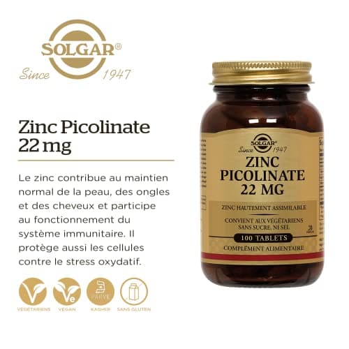 Solgar Zinc Picolinate 22mg - Défenses immunitaires - Zinc hautement assimilable - Nutriment Clé - Complément Alimentaire - Flacon de 100 comprimés