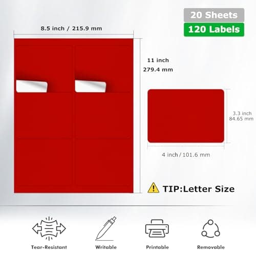 YIKIADA Lot de 20 feuilles d'étiquettes d'adresse autocollantes en vinyle pour imprimante laser et jet d'encre - Rouge - 101,6 x 84,7 mm