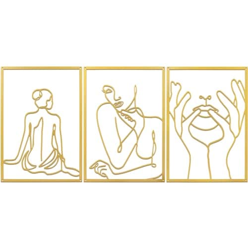 XIAOMAGG Lot de 3 décorations murales en métal doré - Décoration murale simple - Art moderne abstrait - Corps féminin - Décoration murale à suspendre pour chambre à coucher, salon, salle de bain