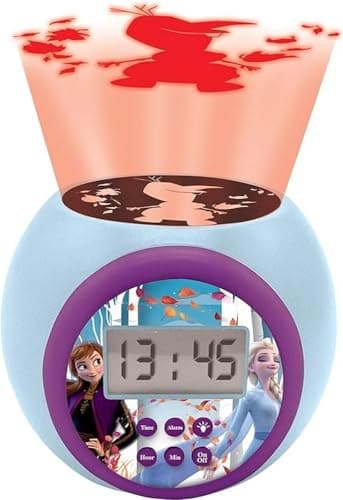 Lexibook Réveil projecteur Disney La Reine des Neiges 2 Anna Elsa avec fonction alarme et répétition snooze, veilleuse avec minuterie, écran LCD, à piles, bleu/violet, RL977FZ