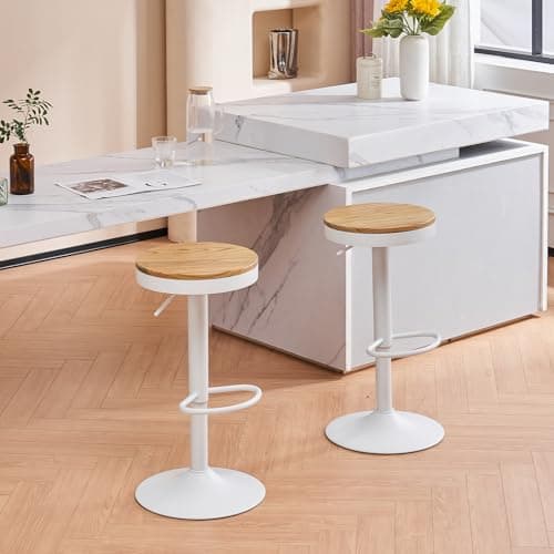 YOUNIKE Tabouret Bar Bois Rond Chaises Haute de Bar Assise Ilot Central Cuisine Siege Bar Lot de 2 Vintage Reglable Rotation Metal Pivotante Blanc