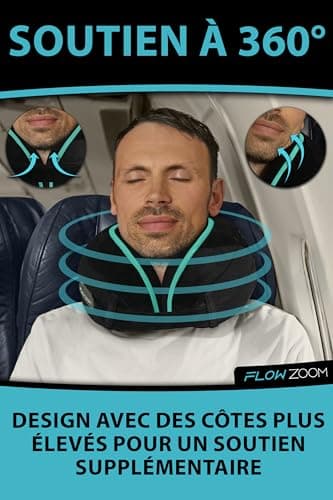 FLOWZOOM Dream Coussin de Voyage en Mousse à Mémoire pour Avion et Voiture – Oreiller de Voyage avec Côtés Rehaussés pour Un Meilleur Soutien, Housse Lavable et Pochette de Transport – Noir