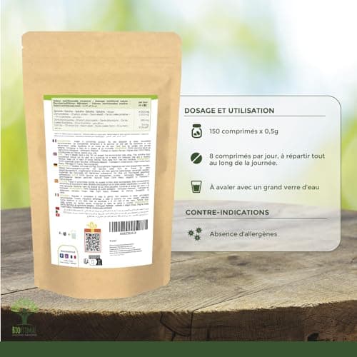 Spiruline Bio - Bioptimal - Complément alimentaire - BCAA Fer Vitamine A - 65% de Protéine - 17% de Phycocyanine - 500 mg/comprimé - Conditionnée en France - Certification Ecocert - 150 comprimés
