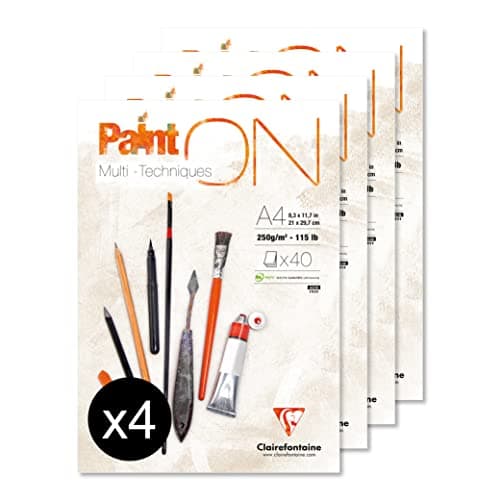 Clairefontaine 96537Cpack - Bloc Collé PaintON Multi-techniques - 40 Feuilles Papier Dessin Multi-techniques au Grain Très Léger - Blanc - A4 21x29,7 cm 250g - Paquet de 4 Blocs