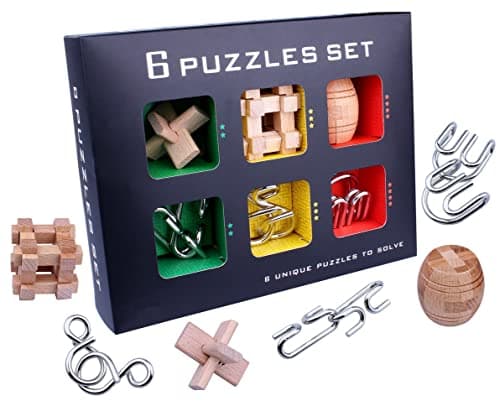 Chonor 6 Pièces 3D Puzzle en Métal Casse-tête en Bois - Classique Brain Teaser IQ Puzzle Éducatif Jouet Jeu Jigsaw pour Enfants et Adultes - Parfait pour l'idée de Cadeau et la Décoration à la Maison