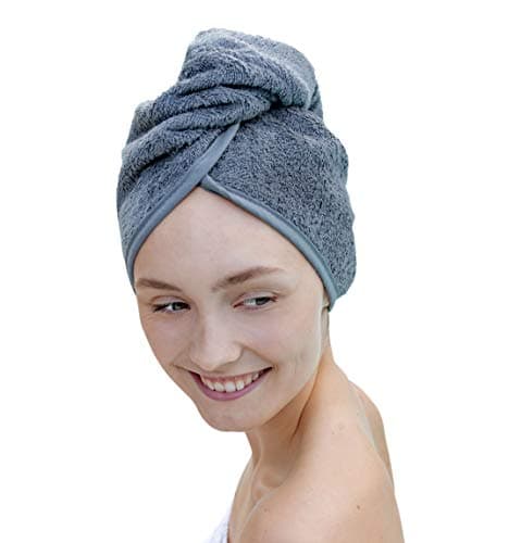 Carenesse Cheveux Turban tête Gris Anthracite avec Bouton 100% Coton, 24 x 70 cm, Serviette pour Cheveux, Chiffon Sec, Serviette de tête, Serviette pour Les Cheveux, Serviette à Cheveux