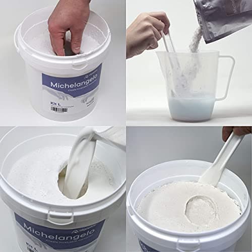 Michelangelo KIT L de moulage. Permet de créer une sculpture de 2 mains d'adultes ou 3 d'enfants en famille ou entre amis. Un pichet doseur de 1 litre et une spatule en plastique pour mélanger.