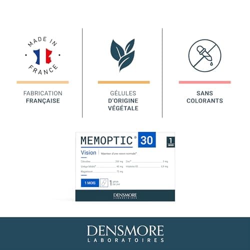 Densmore - MEMOPTIC Complément Alimentaire Mémoire et Vision à base de Citicoline - Ginkgo biloba Magnésium Vitamine B5 Zinc - 30 comprimés - Cure de 1 mois - Fabriqué en France