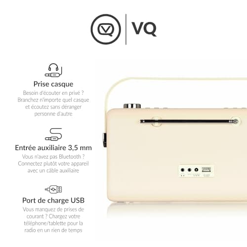VQ Hepburn MK II Radio DAB Plus/DAB avec Bluetooth, FM et Radio Réveil Fonction - Alimentée par Secteur et Batterie Radio Vintage Portable avec entrée AUX, Prise Casque et Port de Charge USB - Crème