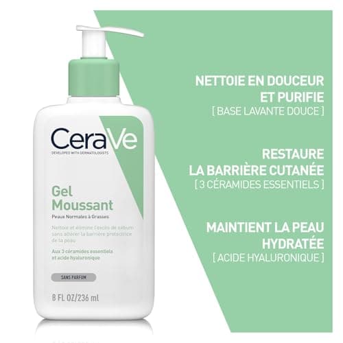 CeraVe - Gel Moussant - Nettoie & Elimine l'Excès de Sébum Sans Altérer la Barrière Cutanée - Acide Hyaluronique, Céramides & Niacinamide - Peau Normales à Grasses - 2x473ml