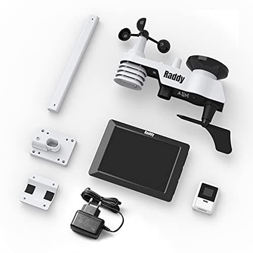 Raddy WF-100C Station météo avec capteur extérieur sans fil, thermomètre intérieur extérieur WiFi 14 en 1 avec écran couleur numérique de 8 pouces, anémomètre, pluviomètre, capteur solaire