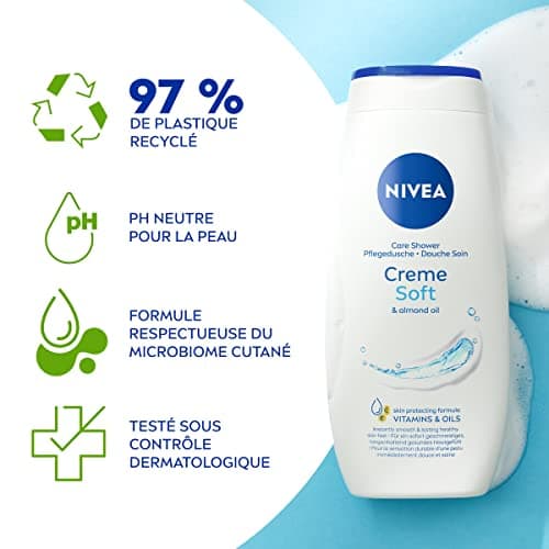 NIVEA Lot Crèmes douche Soin (6 x 250 ml), enrichie à la Vitamine C & E et Huile d'Amande douce, Soin corps hydratant qui nettoie respecte et renforce le microbiome pour peaux sèches