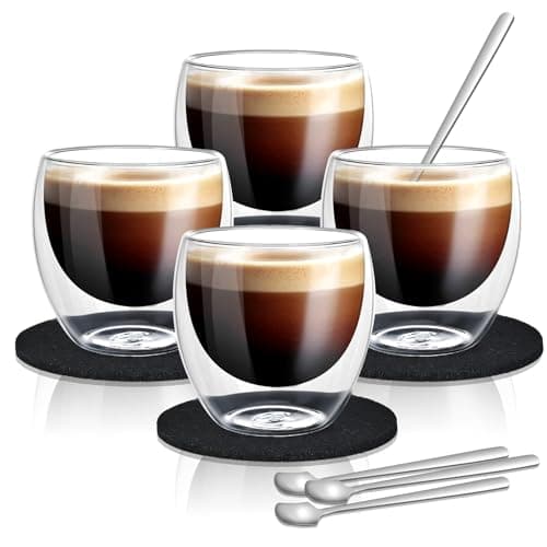 Cieex Ensemble Tasse Expresso Double Paroi de 80ml 4pcs Tasse Café ExpressO avec Cuillères et Dessous de Verre en Feutre
