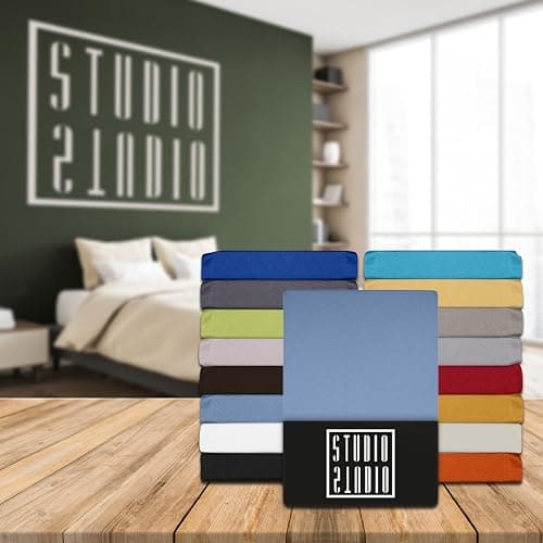 STUDIO Basic Drap Housse 180x200 cm, 100% Coton peigné, certifié Oeko-TEX 100, qualité de Marque, Drap de Matelas 180 x 200 jusqu'à 25 cm, Bleu Moyen
