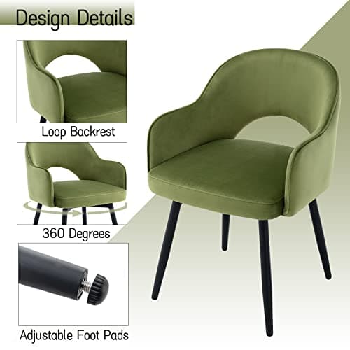 Wahson Chaise Salle a Manger en Velours, Lot de 2 Chaises avec Coussin Pivotant, Chaise de Salon Pied Métal Fauteuil pour Cuisine et Maison, Vert