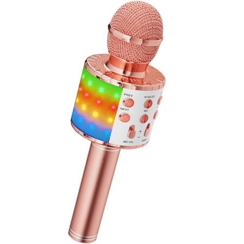 Ankuka Microphone sans Fil Karaoké avec Lumières LED de Danse, Microphone Bluetooth pour Enfants Fille Garcon pour Fête Chanter Idée Cadeau de Noël Anniversaire Or Rose