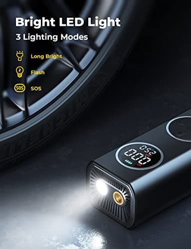 Oasser Gonfleur pneus Voiture 6000mAh 150PSI Type-C Charge Compresseur Voiture Batterie Rechargeable Allume-Cigare 12V avec Affichage Couleur Lumière LED Sac de Rangement Batterie Rechargeable