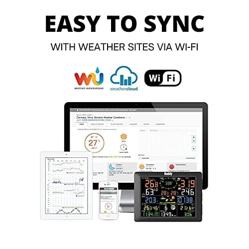 Raddy WF-100C Station météo avec capteur extérieur sans fil, thermomètre intérieur extérieur WiFi 14 en 1 avec écran couleur numérique de 8 pouces, anémomètre, pluviomètre, capteur solaire