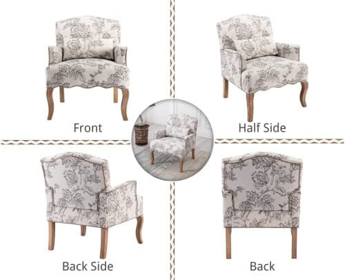 Wahson Fauteuil en Baroque Confortable avec Pieds en Bois, Fauteuil Beige en Lin, Fauteuil Scandinave pour Salon et Chambre, Beige