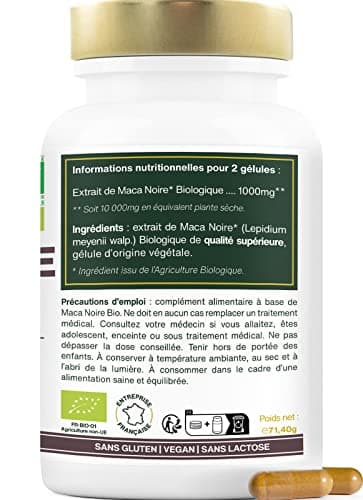 Maca Noire BIO du Pérou | Extra Fort 10 000mg par jour | 120 gélules vegan | Régulateur Hormonal, Détente, Énergie | Qualité Supérieure pour Sommeil,Stress