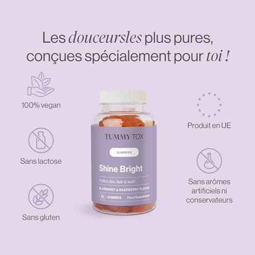 Shine Bright Gummies Pousse Cheveux | Vitamines pour la peau, les cheveux et ongles | Biotin, Acide Folique, Vitamine B6, B12 | 60 Gummies | Tummy Tox
