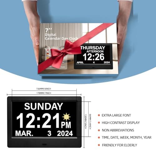 ACDOKE 7" Pouce LCD Horloge Numérique Calendrier avec Date Jour Et Heure Horloge Non-Abrégée Auto Dimming 8 Langues HD Display Rappel pour Alzheimer Les Personnes âgées et Les Enfants
