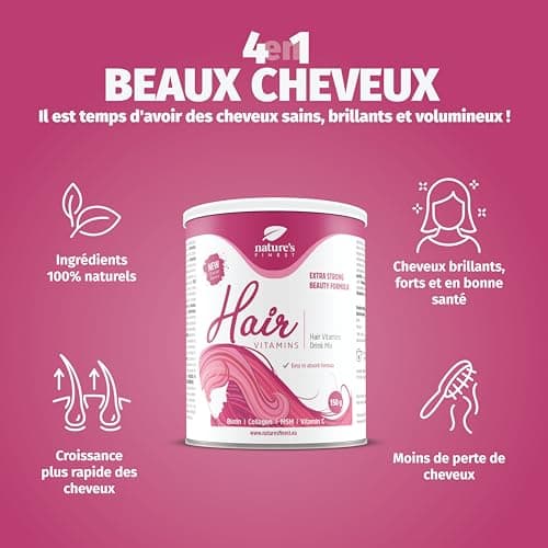 Nature's Finest by Nutrisslim Vitamines Pour Cheveux, Pour Femme, Aide au Lissage et à la Repousse des Cheveux, Riche en Biotine, Réduit la Perte de Cheveux, Avec Collagène, MSM, Vitamine C
