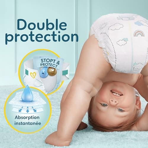Pampers Premium Protection, Taille 4, 174 Couches, 9-14kg, Double Protection pour la peau et contre les fuites Avec Poche Stop & Protect pour aider à capturer les Fuites, Pack 1 Mois
