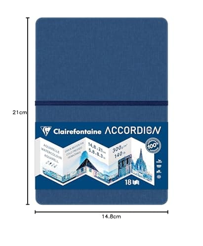 Clairefontaine 975969C - Carnet de Voyage Accordion - 8 Pages Papier Aquarelle Blanc Grain Moyen Fin A5 14,8x21 cm 300g - Idéal pour les Artistes Globe-trotteurs