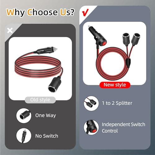 RIIEYOCA Adaptateur répartiteur allume-cigare 12 V 24 V avec interrupteur marche/arrêt, allume-cigare de voiture 1 mâle vers 2 prises femelles Câble d'alimentation répartiteur en Y (1 m)