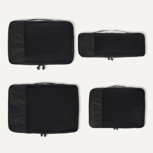 Amazon Essentials Ensemble de 4 Cubes de Rangement, Organisateurs de Voyage, Double Fermeture Éclair, Dessus en Maille, 100% Polyester, Tailles S/M/L et Format Fin, Noir (Anciennement Amazon Basics)