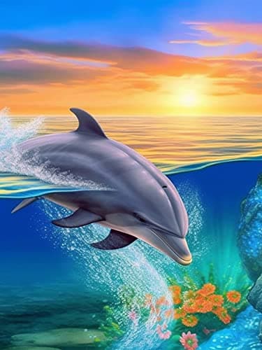Ginfonr 5D Diamant Painting Diamond Painting Complet Dauphin Lever Du Soleil Broderie Peinture Diamant Painting Animal Paysage Kit Complet Décoration De Pour La Murale De La Maison 30x40 cm