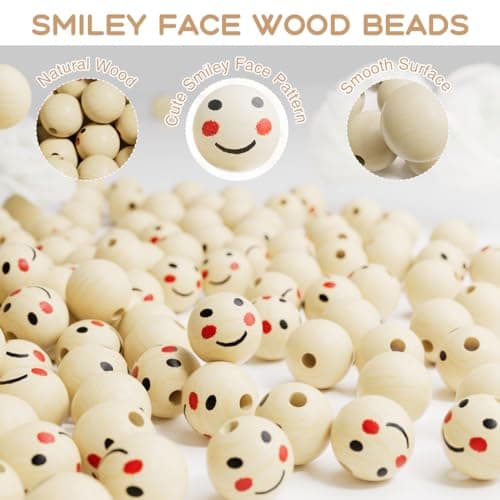 SUTOUG Lot de 50 perles rondes en bois avec tête de poupée souriante de 20 mm avec trou de 5 mm pour bricolage, bracelet, macramé, collier, bijoux, poupée