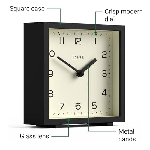 JONES CLOCKS Horloge de Bureau Disco » – Design carré élégant en Noir, élégant et Facile à Lire pour Une étagère, Une Table, Une cheminée ou Un Chevet