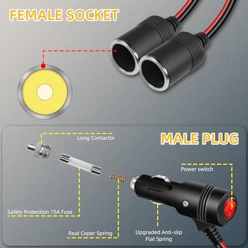 RIIEYOCA Adaptateur répartiteur allume-cigare 12 V 24 V avec interrupteur marche/arrêt, allume-cigare de voiture 1 mâle vers 2 prises femelles Câble d'alimentation répartiteur en Y (1 m)