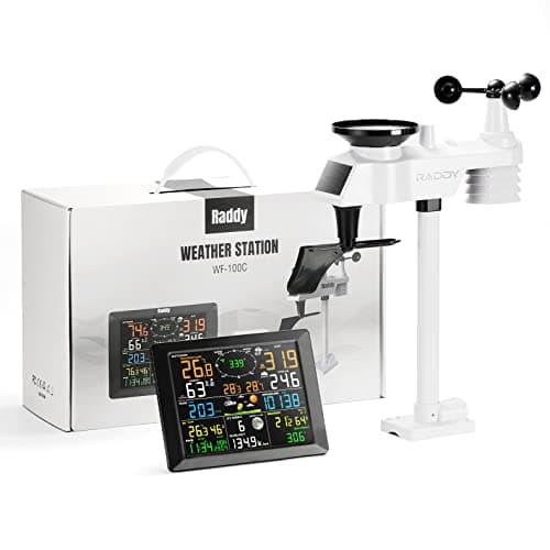 Raddy WF-100C Station météo avec capteur extérieur sans fil, thermomètre intérieur extérieur WiFi 14 en 1 avec écran couleur numérique de 8 pouces, anémomètre, pluviomètre, capteur solaire